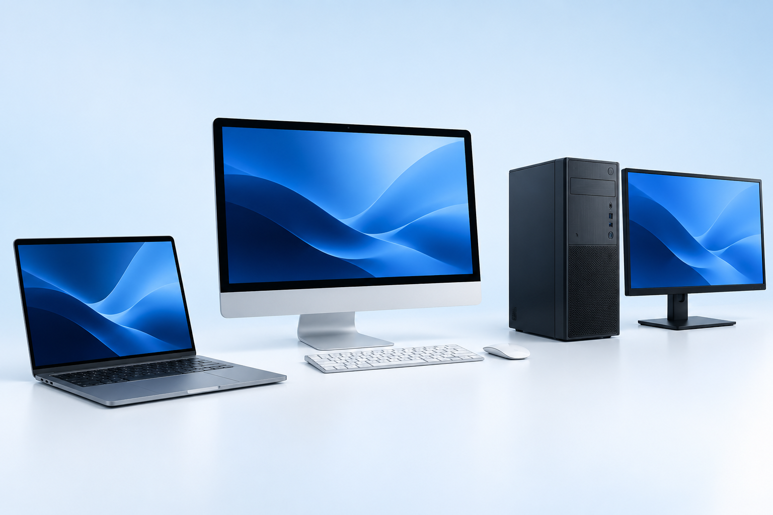 Selezione illustrativa di computer: notebook, All-in-One e PC desktop